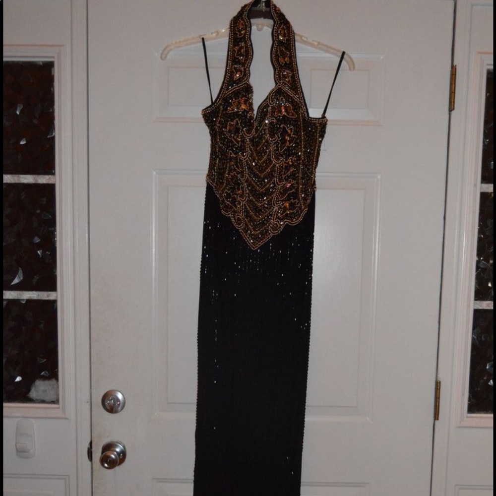 Black & Gold full length Halter Dress Fully beaded